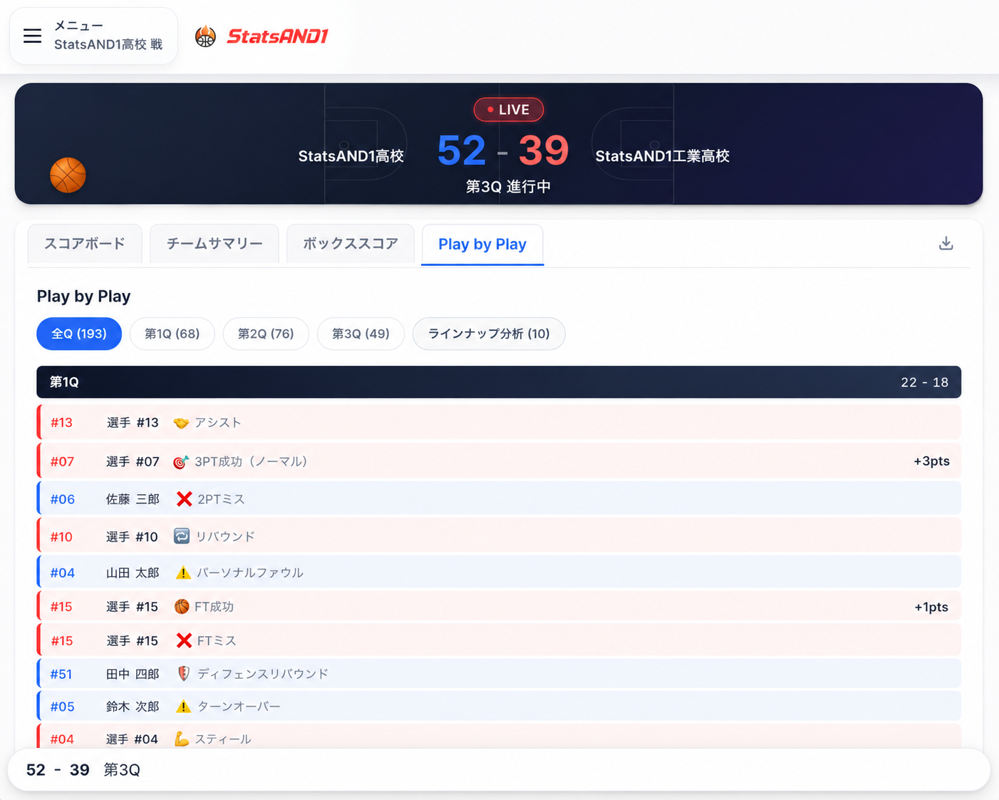 試合速報ライブビューの画面